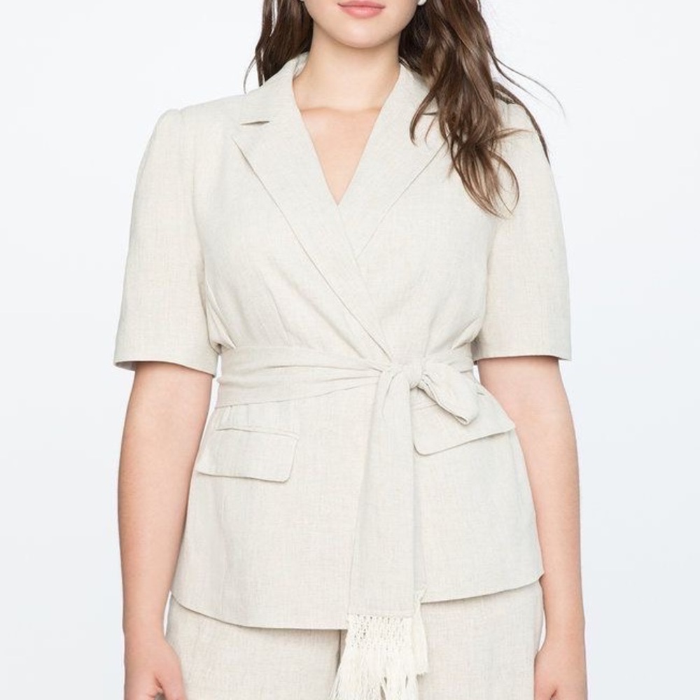 Eloquii Oatmeal Short Sleeve Linen Blend Jacket